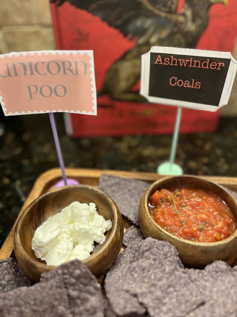 Salsa and sour cream with harry potter themed labels